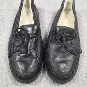 Unbranded Moccasin Slippers Mens 11 Black Leather Faux Fur Lined House Shoes
